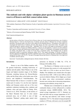 The Endemic and Relic Alpine–Subalpine Plant Species in Shutman Natural Reserve of Kosovo and Their Conservation Status