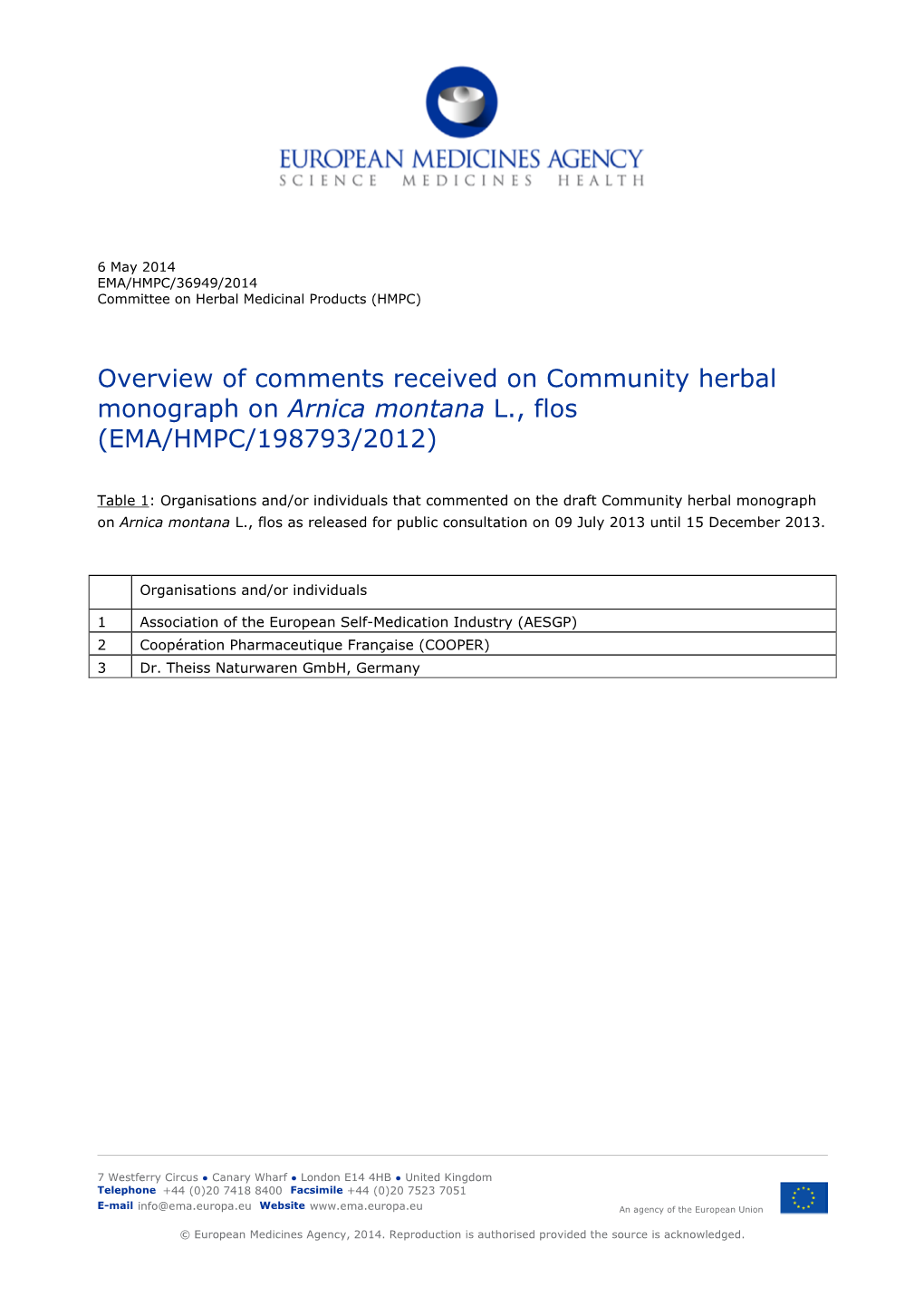 Overview of Comments Received on Community Herbal Monograph on Arnica Montana L., Flos (EMA/HMPC/198793/2012)