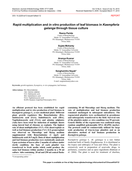 Rapid Multiplication and in Vitro Production of Leaf Biomass in Kaempferia Galanga Through Tissue Culture