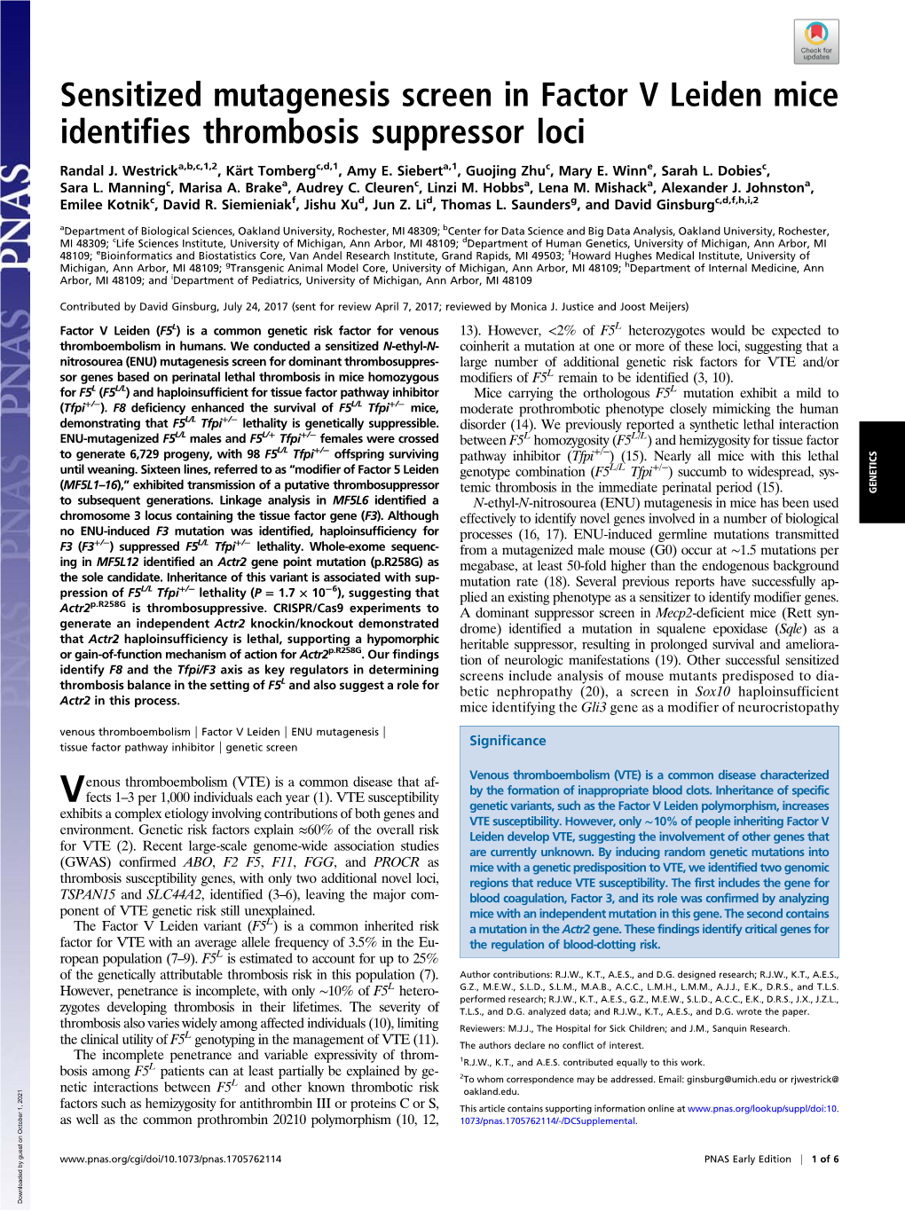 Sensitized Mutagenesis Screen in Factor V Leiden Mice Identifies Thrombosis Suppressor Loci