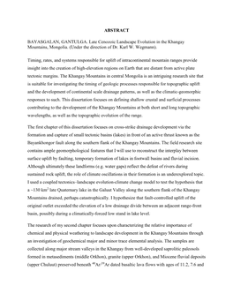 ABSTRACT BAYASGALAN, GANTULGA. Late Cenozoic Landscape Evolution in the Khangay Mountains, Mongolia