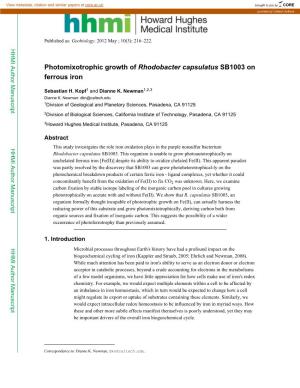 Photomixotrophic Growth of Rhodobacter Capsulatus SB1003 on Ferrous Iron