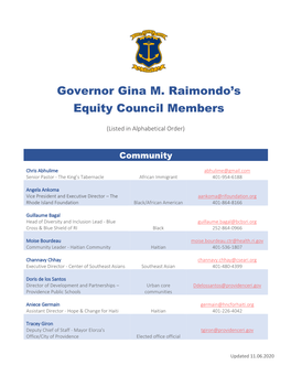Governor Gina M. Raimondo's Equity Council Members