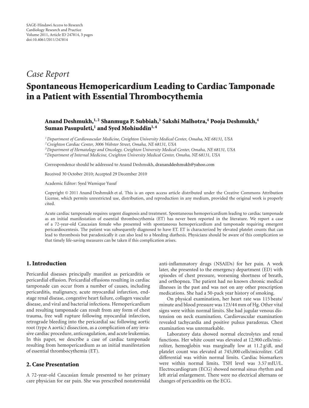 Spontaneous Hemopericardium Leading to Cardiac Tamponade in a Patient with Essential Thrombocythemia