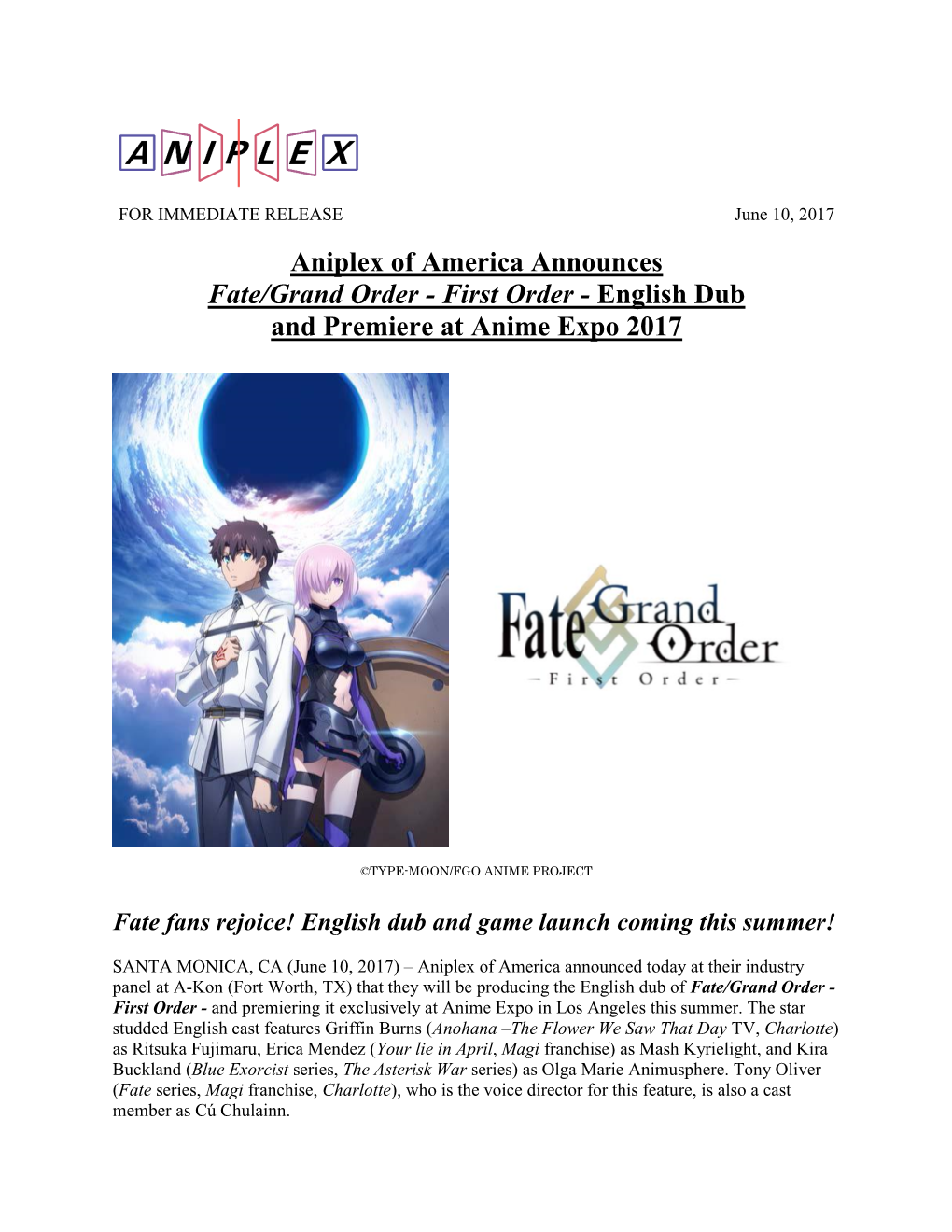 Aniplex of America Announces Fate/Grand Order - First Order - English Dub and Premiere at Anime Expo 2017