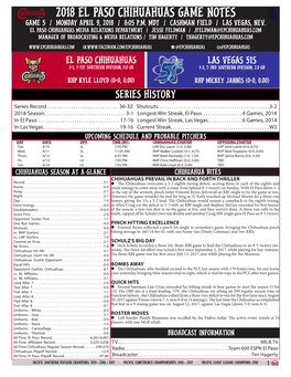 2018 El Paso Chihuahuas Game Notes Game 5 / Monday April 9, 2018 / 8:05 P.M