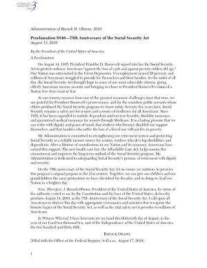 Administration of Barack H. Obama, 2010 Proclamation 8546—75Th Anniversary of the Social Security Act August 13, 2010