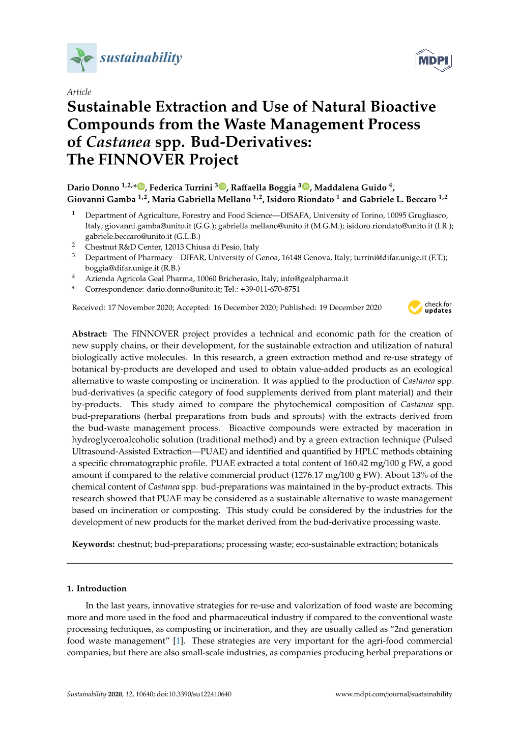 Sustainable Extraction and Use of Natural Bioactive Compounds from the Waste Management Process of Castanea Spp. Bud-Derivatives: the FINNOVER Project