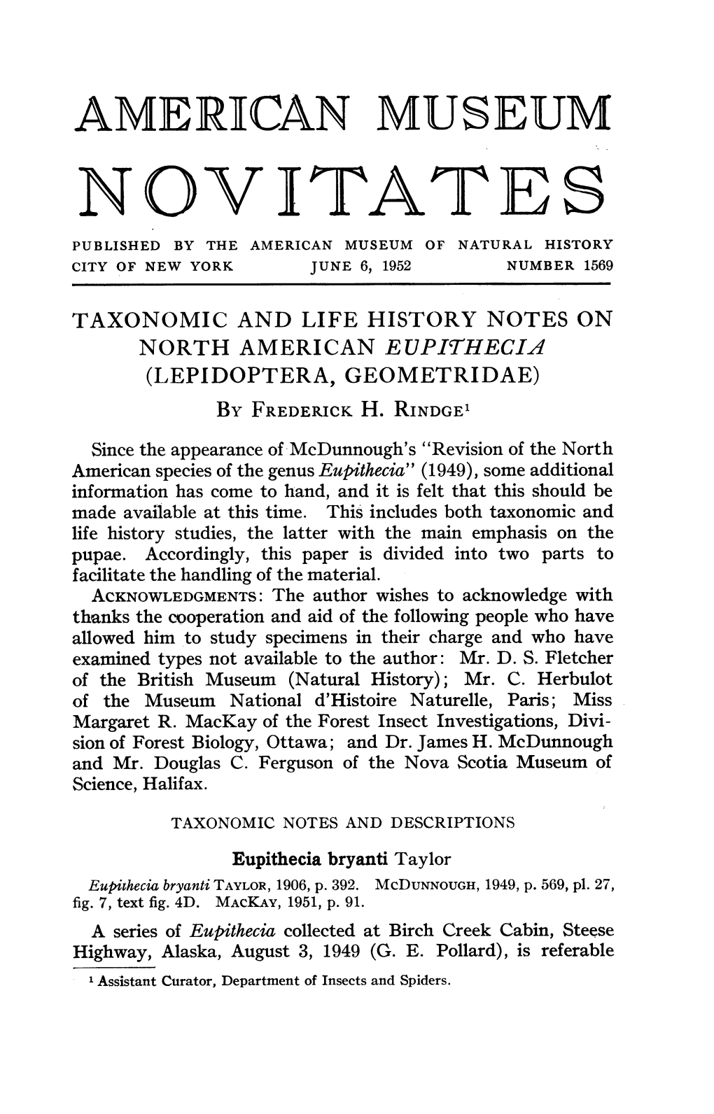 Amneriican Museum Novitates Published by the American Museum of Natural History City of New York June 6, 1952 Number 1569