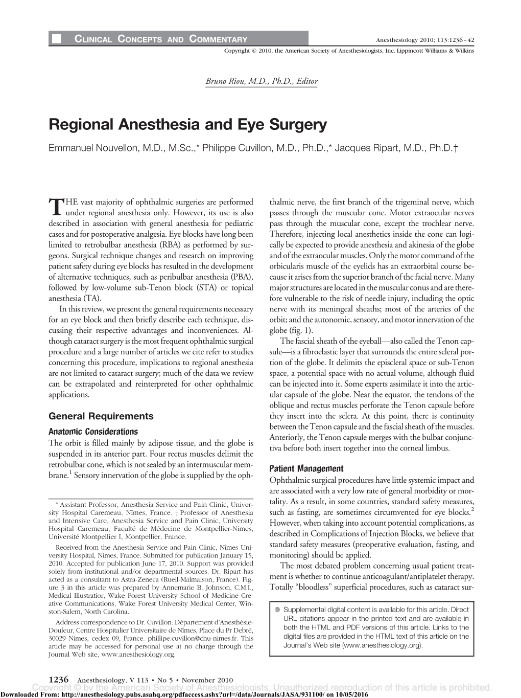Regional Anesthesia and Eye Surgery