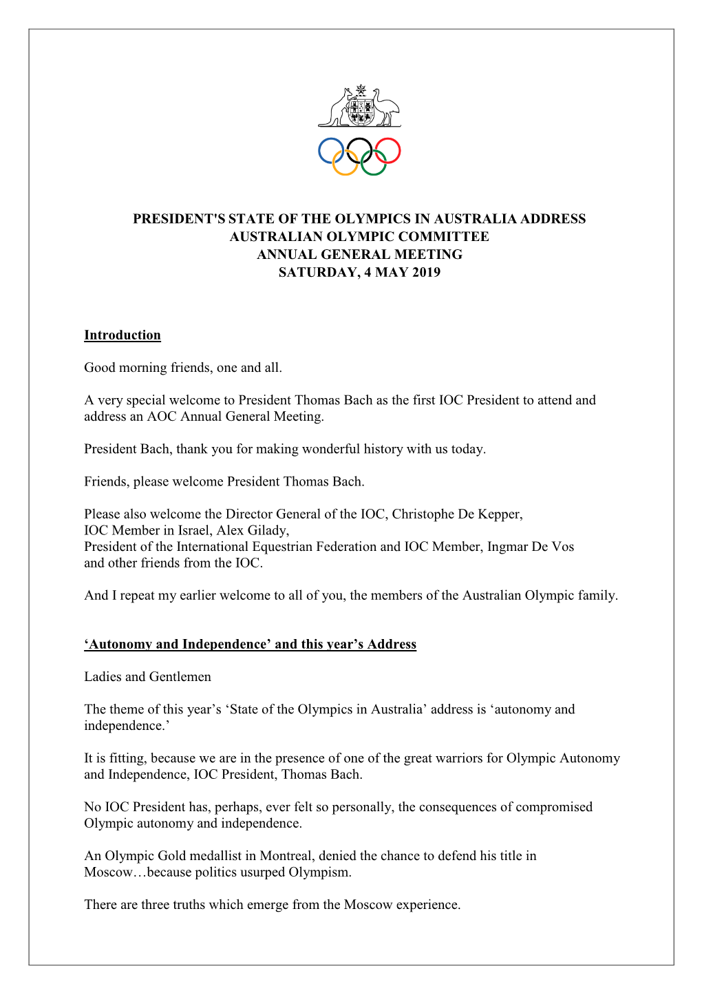 President's State of the Olympics in Australia Address Australian Olympic Committee Annual General Meeting Saturday, 4 May 2019