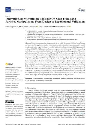 Innovative 3D Microfluidic Tools for On-Chip Fluids and Particles Manipulation: from Design to Experimental Validation