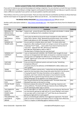 BOOK SUGGESTIONS for EXPERIENCED BRIDGE PARTNERSHIPS If You Want to Improve Your Partnership Background Reading Is Important