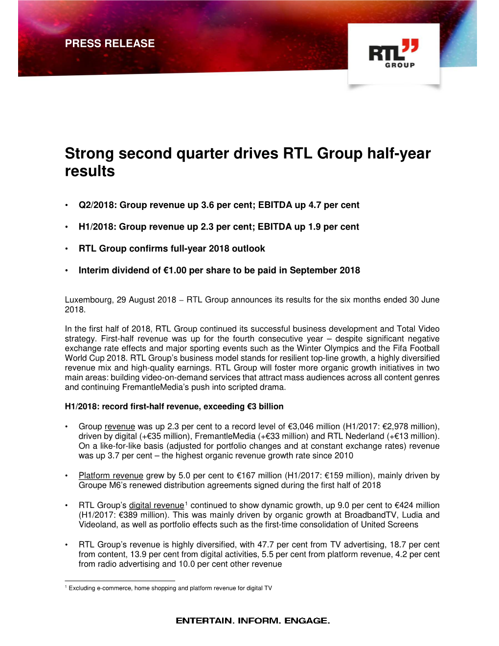 2018.08 RTL Group Press Release HY 1 Results 2018