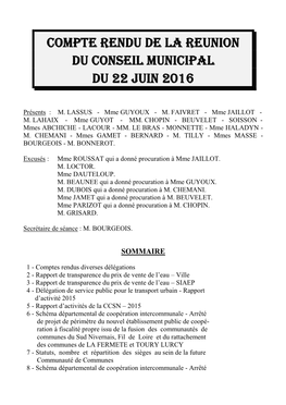 COMPTE RENDU DE LA REUNION DU CONSEIL MUNICIPAL DU 22 Juin 2016