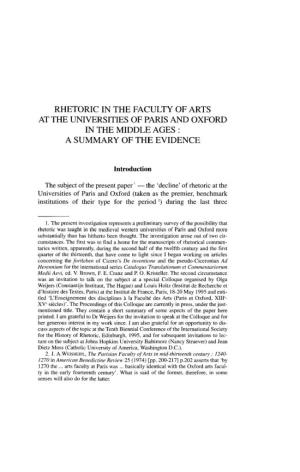 Rhetoric in the Faculty of Arts at the Universities of Paris and Oxford in the Middle Ages : a Summary of the Evidence