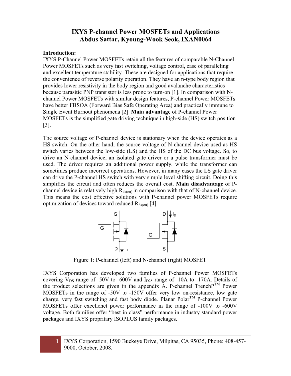 IXYS P-Channel Power Mosfets and Applications Abdus Sattar, Kyoung-Wook Seok, IXAN0064