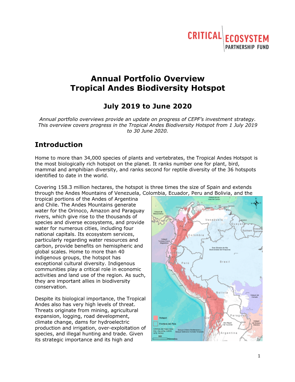 Annual Portfolio Overview Tropical Andes Biodiversity Hotspot