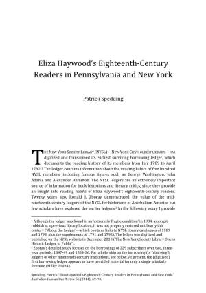 Eliza Haywood's Eighteenth-Century Readers in Pennsylvania and New