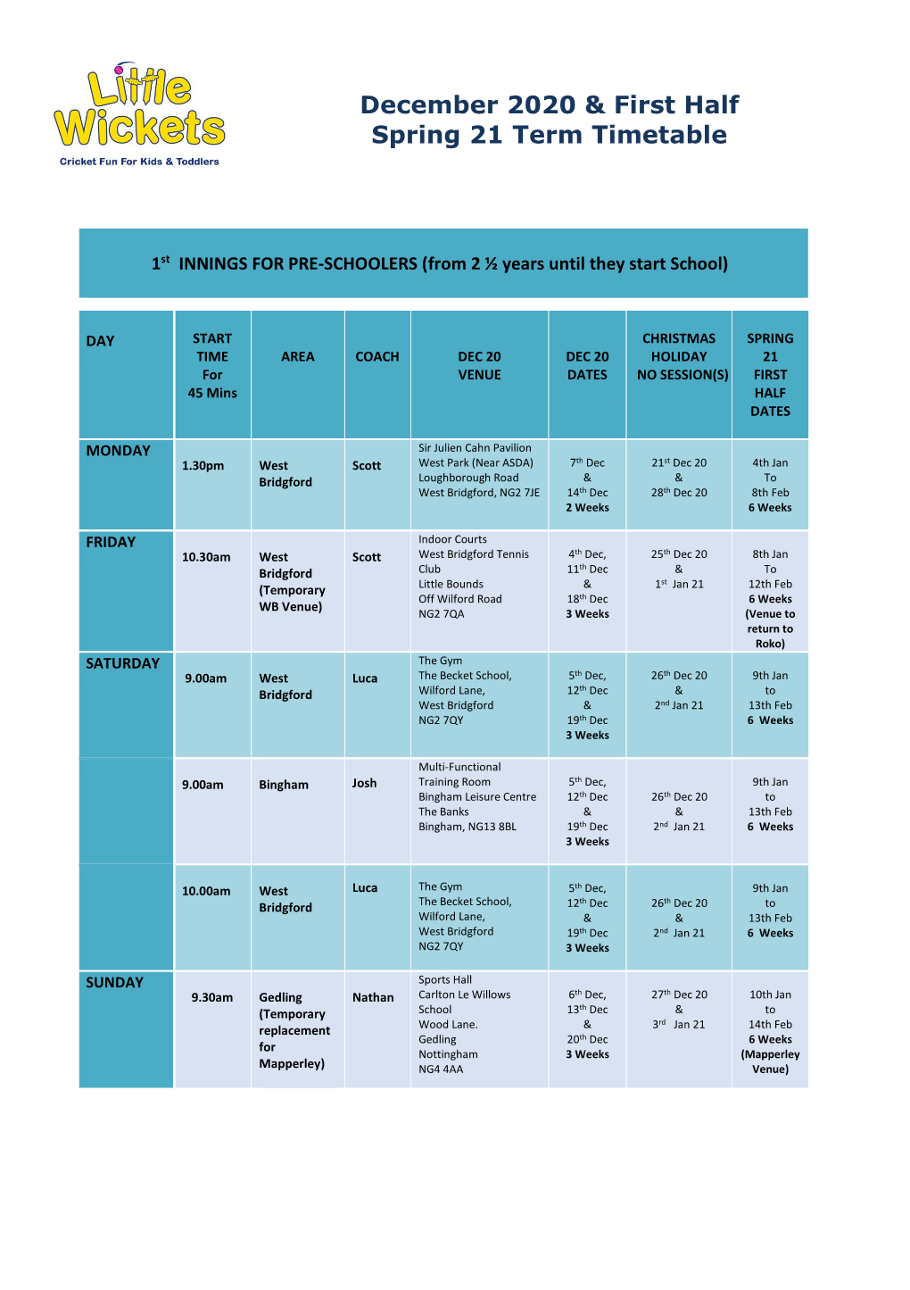 December 2020 & First Half Spring 21 Term Timetable