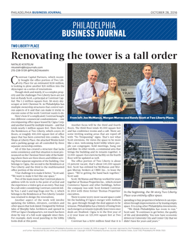 Renovating the Tower Is a Tall Order NATALIE KOSTELNI Nkostelni@Bizjournals.Com 215-238-5139 @Phlbiznkostelni