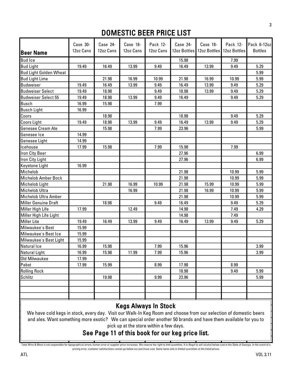 Domestic Beer Price List