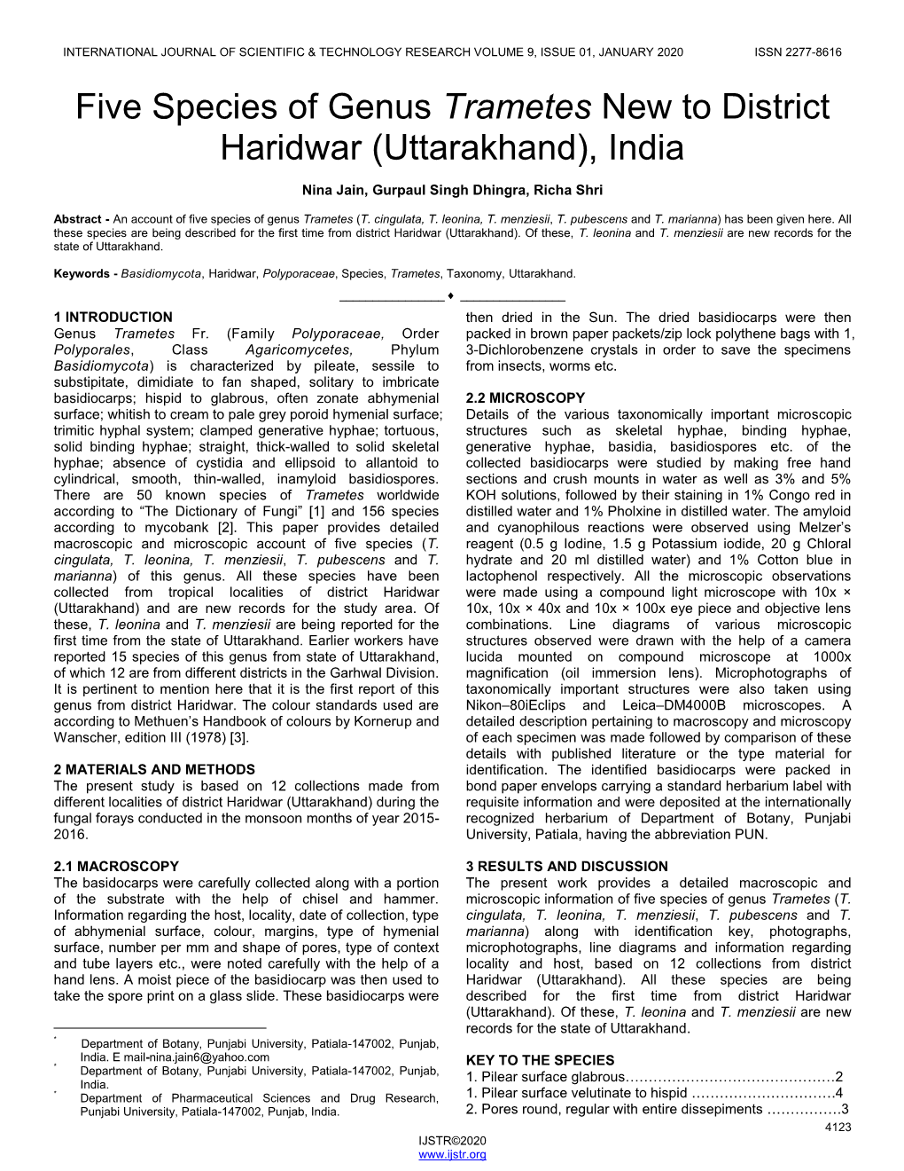 Five Species of Genus Trametes New to District Haridwar (Uttarakhand), India