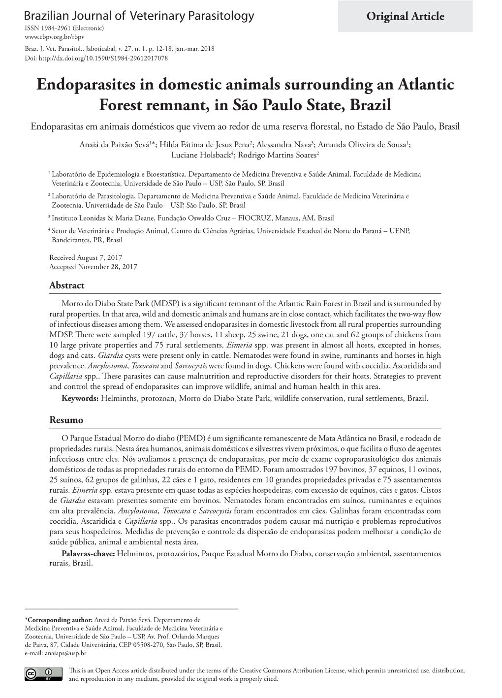 Endoparasites in Domestic Animals Surrounding an Atlantic Forest Remnant, in São Paulo State, Brazil