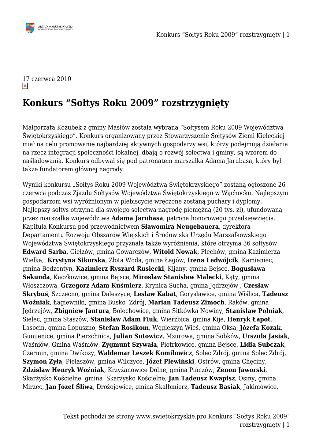 Konkurs “Sołtys Roku 2009” Rozstrzygnięty