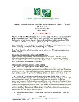 Meeting Minutes: Washington State Natural Heritage Advisory Council March 27, 2020 9:30 Am ‒ 11:40 Am Call-In Meeting