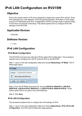 Ipv6 LAN Configuration on RV215W