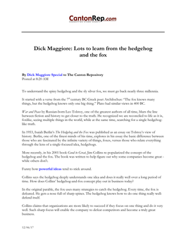 Dick Maggiore: Lots to Learn from the Hedgehog and the Fox