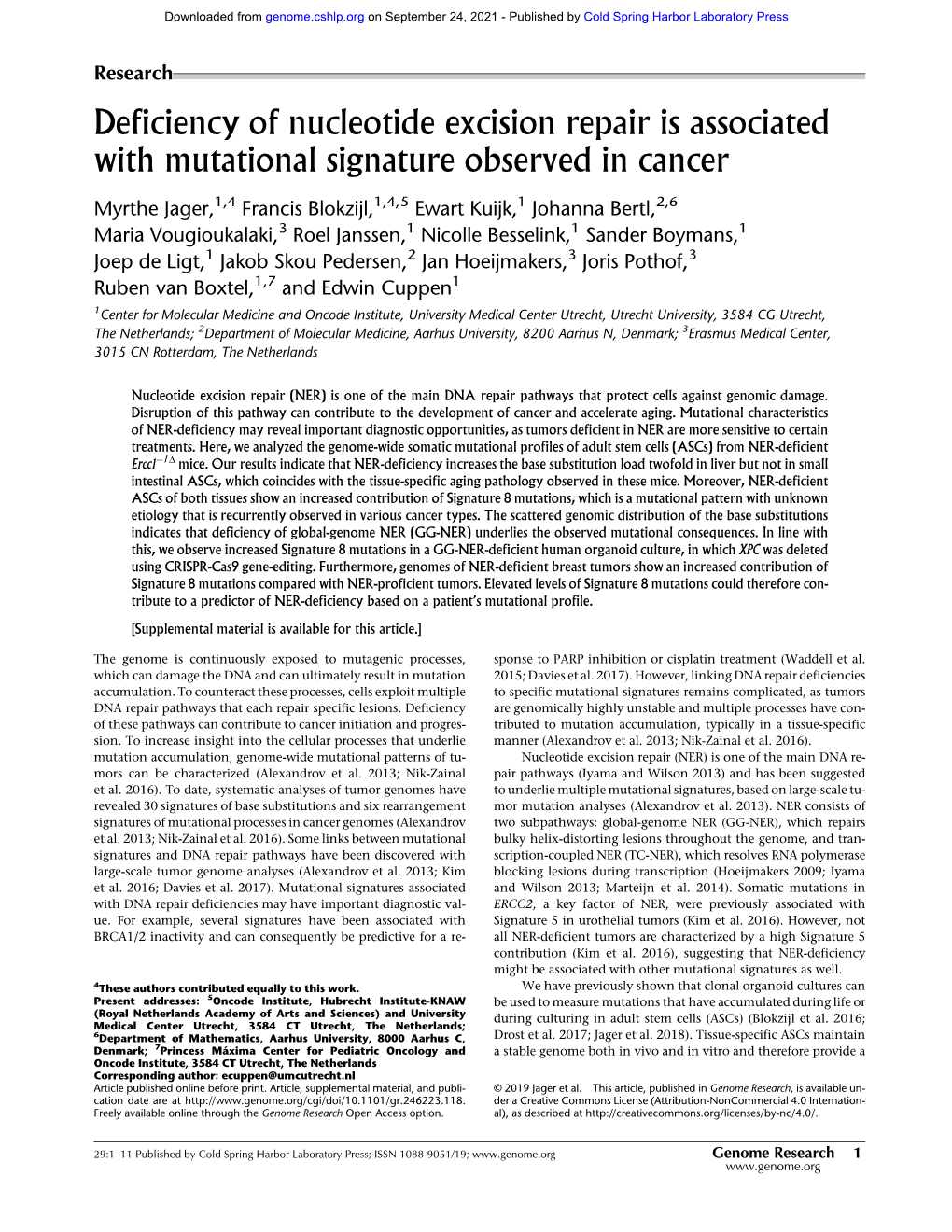 Deficiency of Nucleotide Excision Repair Is Associated with Mutational Signature Observed in Cancer