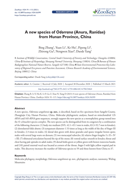 A New Species of Odorrana (Anura, Ranidae) from Hunan Province, China