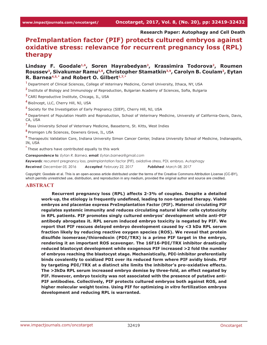 (PIF) Protects Cultured Embryos Against Oxidative Stress: Relevance for Recurrent Pregnancy Loss (RPL) Therapy