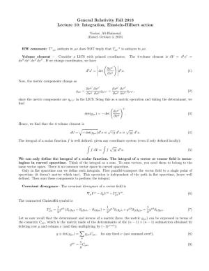 General Relativity Fall 2018 Lecture 10: Integration, Einstein-Hilbert Action