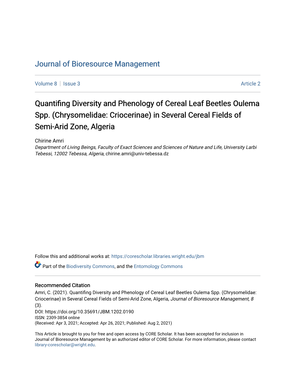 Quantifing Diversity and Phenology of Cereal Leaf Beetles Oulema Spp