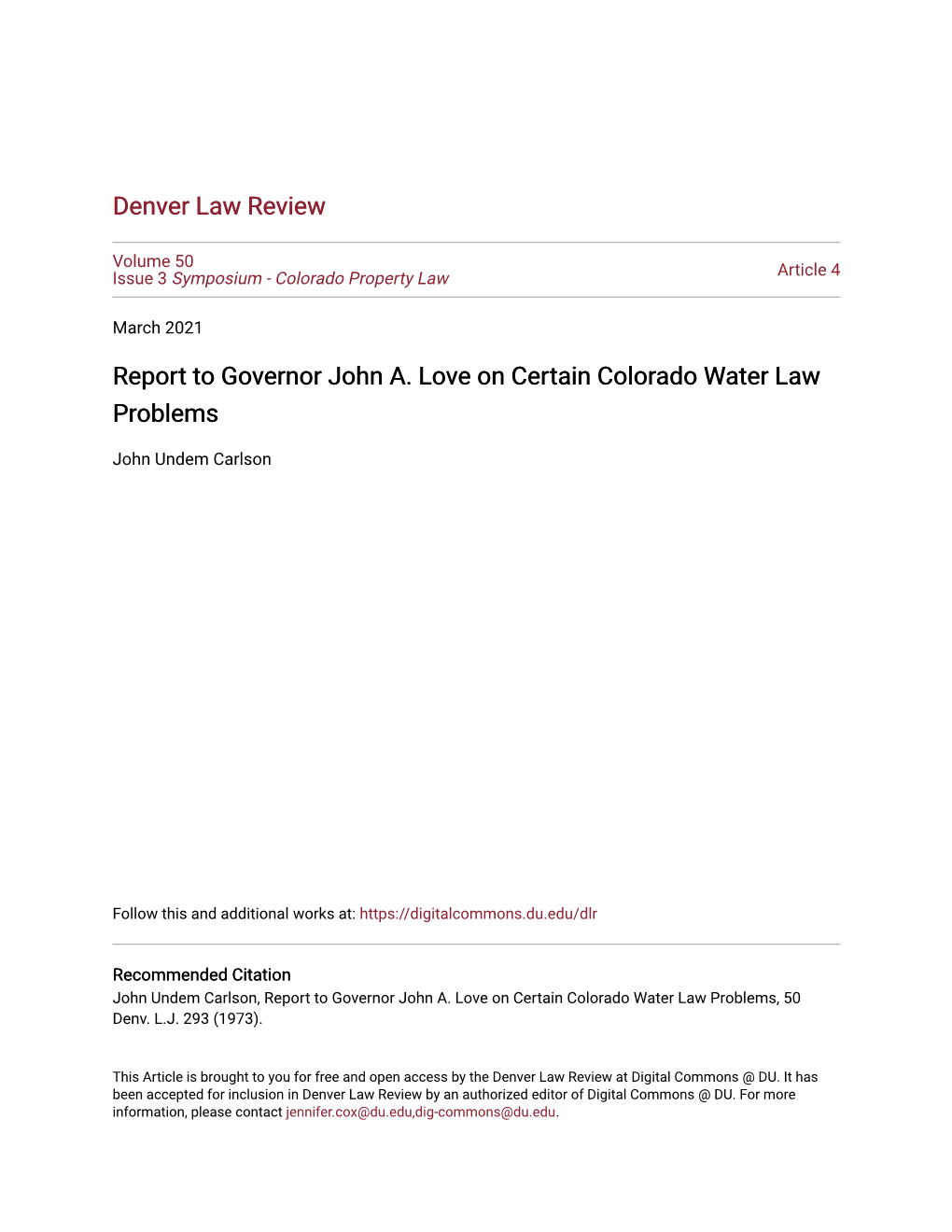 Report to Governor John A. Love on Certain Colorado Water Law Problems