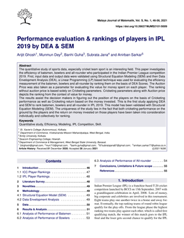 Performance Evaluation & Rankings of Players in IPL 2019 by DEA &