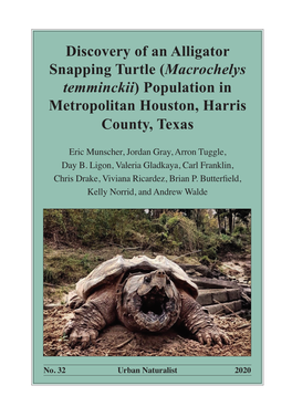 Discovery of an Alligator Snapping Turtle (Macrochelys Temminckii) Population in Metropolitan Houston, Harris County, Texas