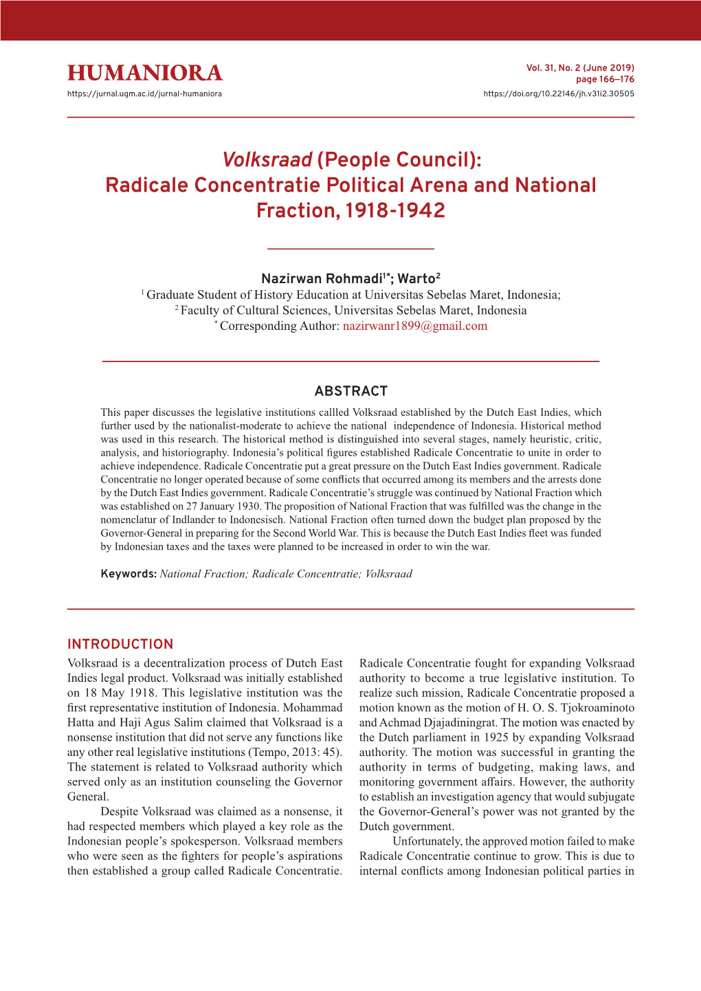 Volksraad (People Council): Radicale Concentratie Political Arena and National Fraction, 1918-1942