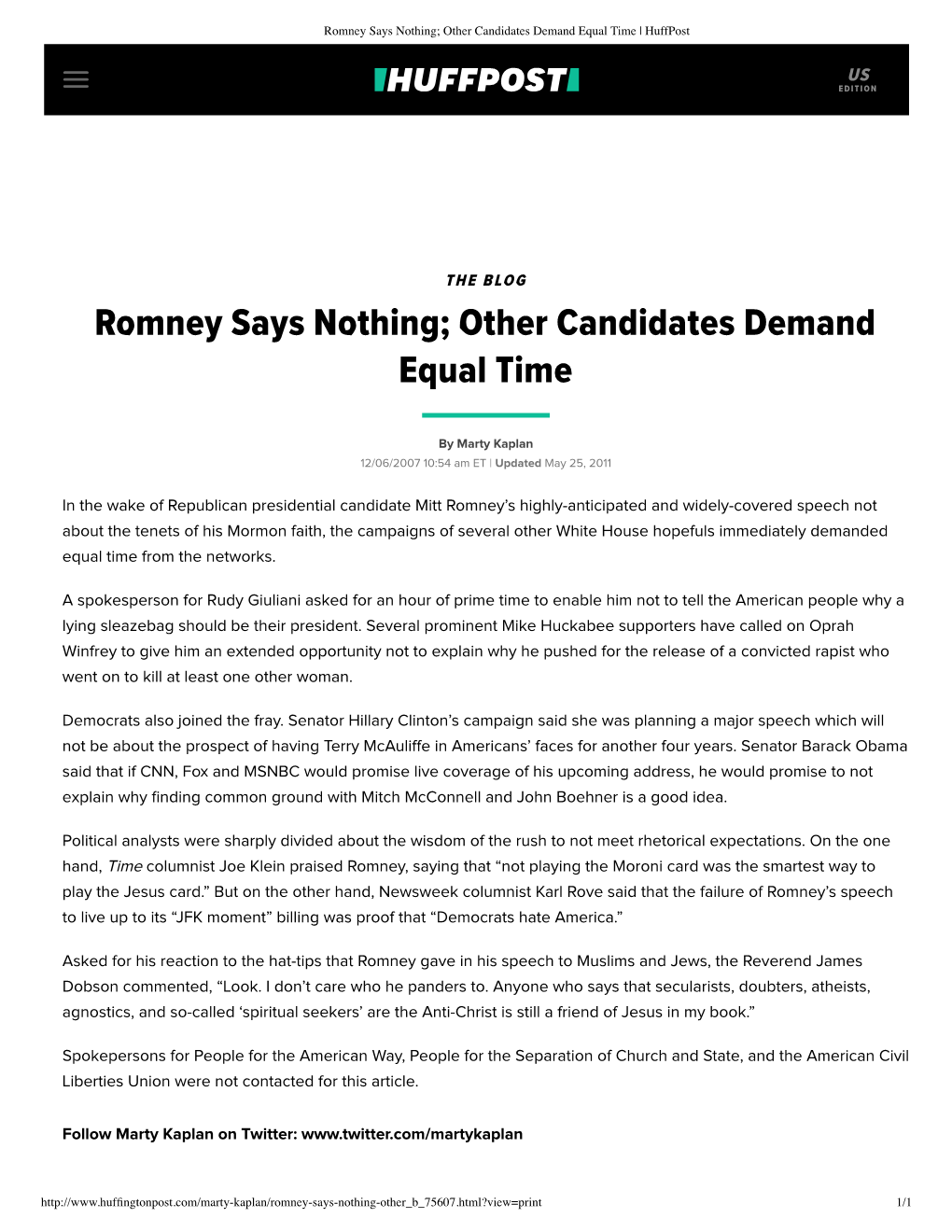 120607 Romney Says Nothing; Other Candidates Demand Equal Time