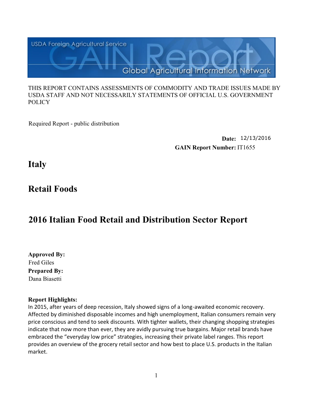 2016 Italian Food Retail and Distribution Sector Report Retail Foods Italy