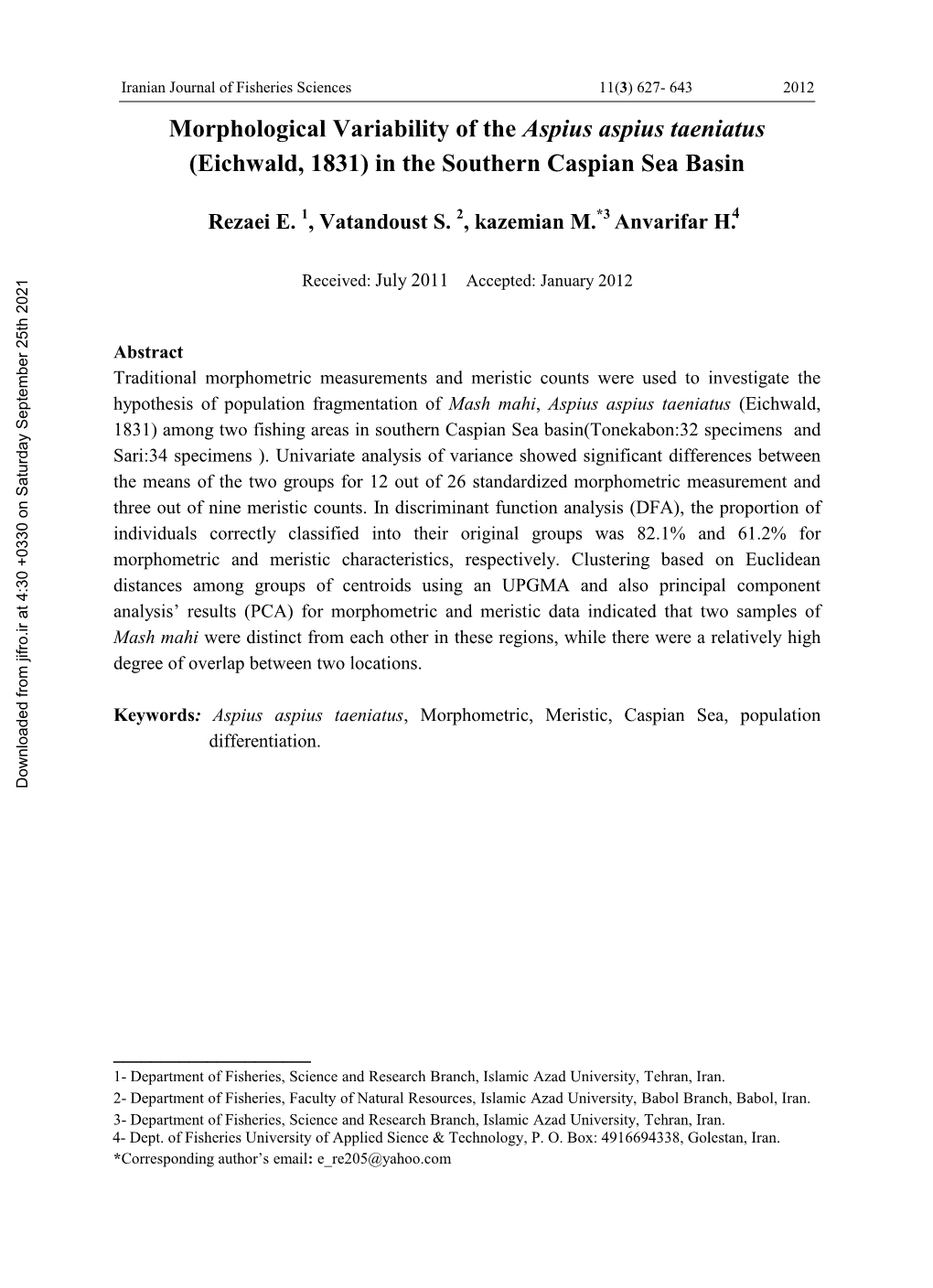 Morphological Variability of the Aspius Aspius Taeniatus (Eichwald, 1831) in the Southern Caspian Sea Basin