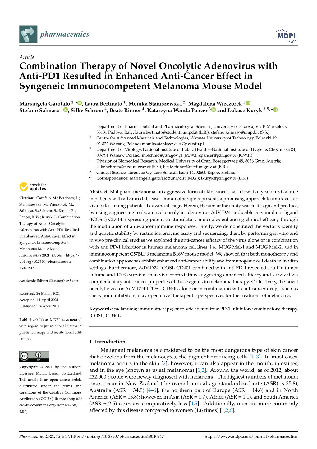 Combination Therapy of Novel Oncolytic Adenovirus with Anti-PD1 Resulted in Enhanced Anti-Cancer Effect in Syngeneic Immunocompetent Melanoma Mouse Model