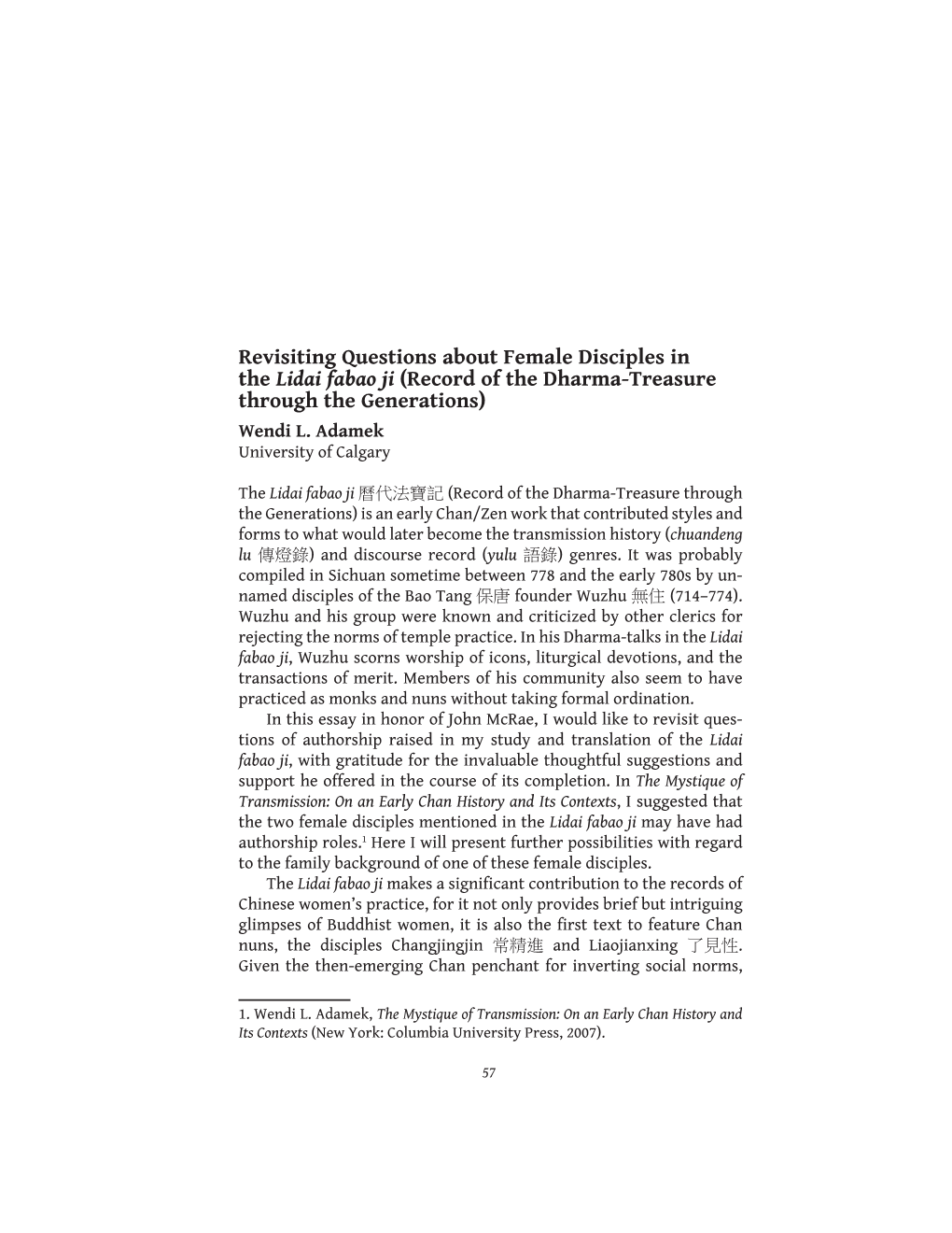 Revisiting Questions About Female Disciples in the Lidai Fabao Ji (Record of the Dharma-Treasure Through the Generations) Wendi L