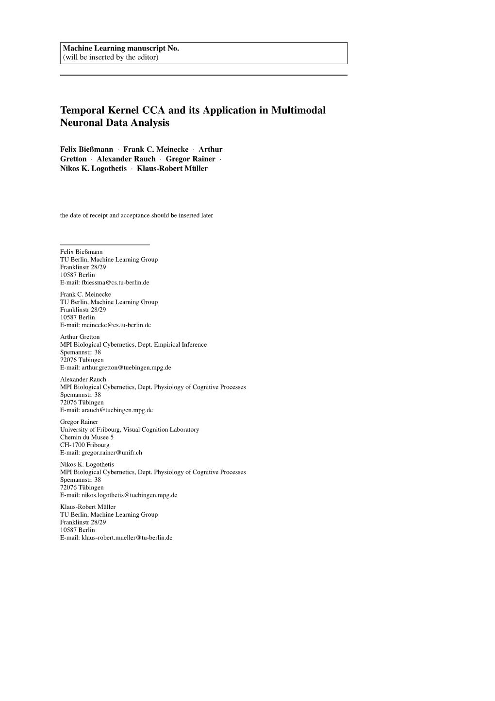 Temporal Kernel CCA and Its Application in Multimodal Neuronal Data Analysis