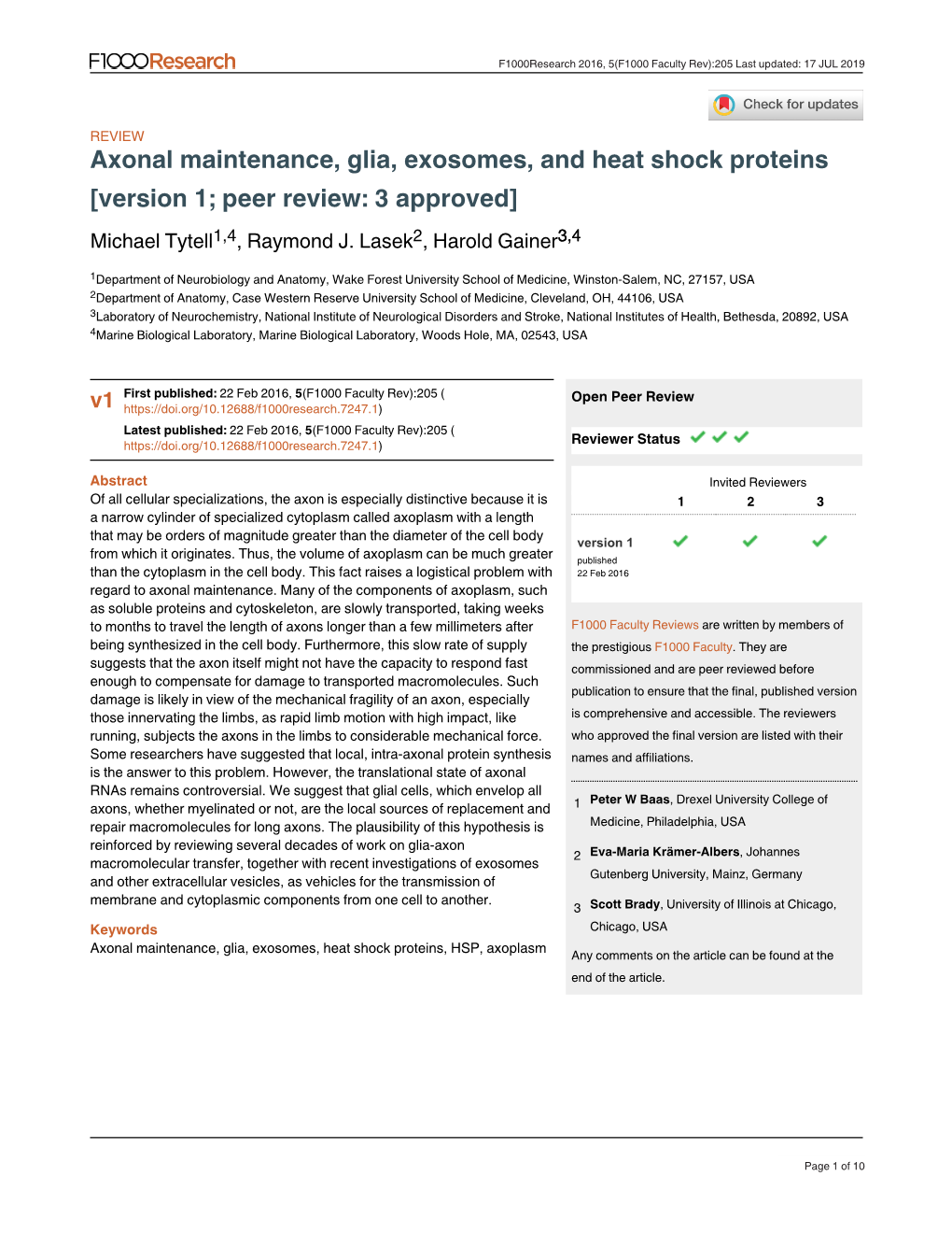 Axonal Maintenance, Glia, Exosomes, and Heat Shock Proteins [Version 1; Peer Review: 3 Approved] Michael Tytell1,4, Raymond J