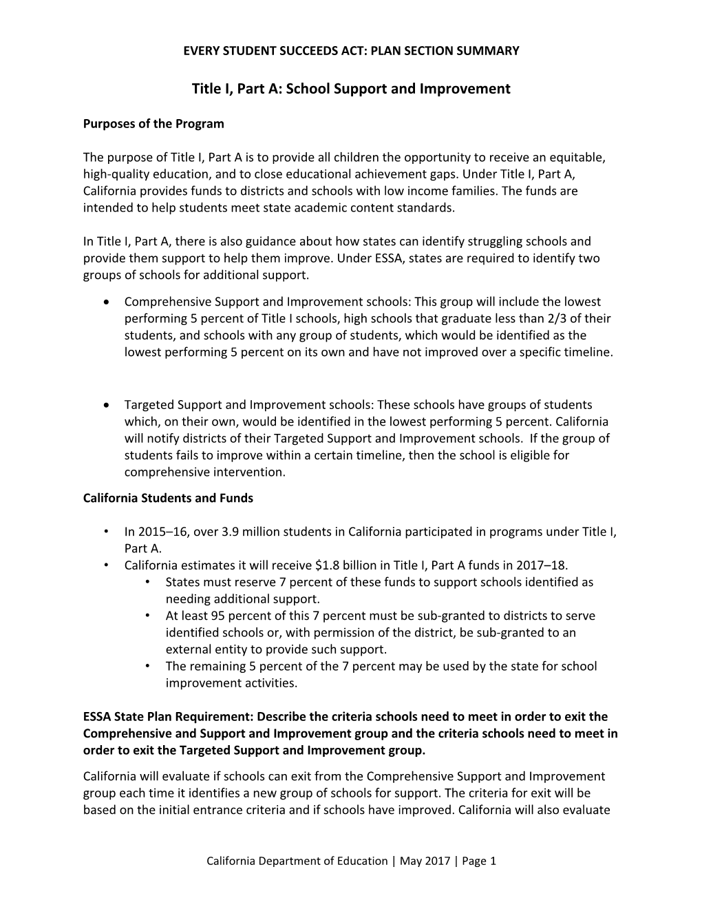 School Support Draft Section Summary - ESSA (CA Dept of Education)