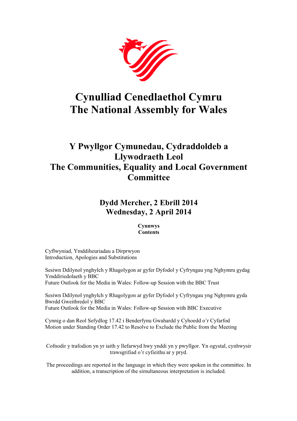 Cynulliad Cenedlaethol Cymru the National Assembly for Wales